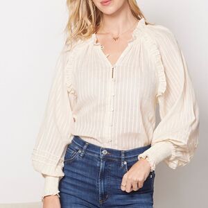 Cleobella Cream ARI Metallic Sparkle Stripe Ruffled Long Sleeve Peasant Blouse